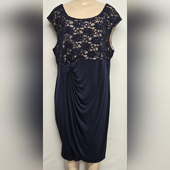 connected apparel Dresses & Skirts - Connected 20W Blue Stretch Knit Dress Lace Floral Sequins Side Pleats Faux Wrap